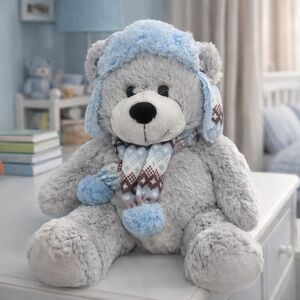 Cozy Gray Teddy Bear with Blue Hat and Scarf